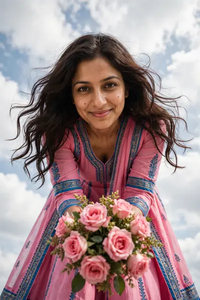 Prompt Women:Without changing the facial features and hair of above image woman ,create an ultra realistic extreme low angle ground level point of
