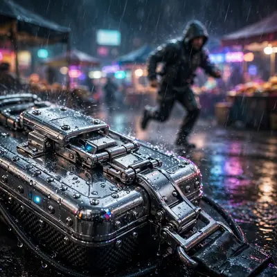 a data smuggler sprinting through a night market rendered in sci-fi render, chrome glinting under the downpour. Rain-diffused neon bloom set a tense