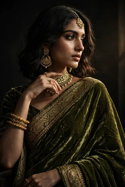 Create a high-fashion studio photograph of a woman wearing an olive green velvet saree with dramatic lighting. Focus on rich fabric texture, an