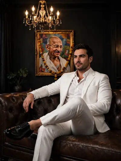 Use the uploaded image for face match Create Hyper-realistic portrait cinematic portrait of the man from the reference photo. A confident man sits on