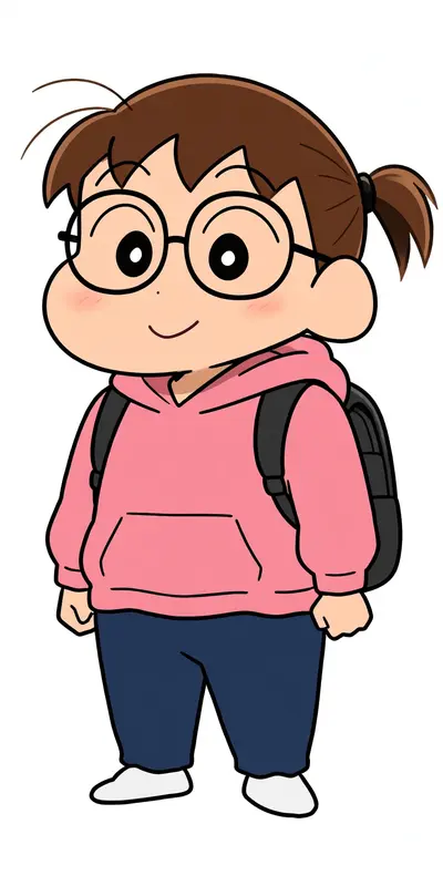 Transform the subject from the uploaded photo into the Crayon Shin-chan (Shinnosuke Nohara) anime style, referencing Shin-chan’s full cast of friends