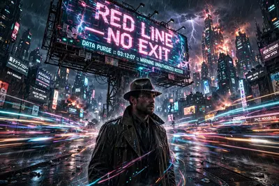 High-octane gritty neo-noir cyberpunk style artwork of a rain-soaked detective under a buzzing billboard, motion frozen amid the storm. Flickering