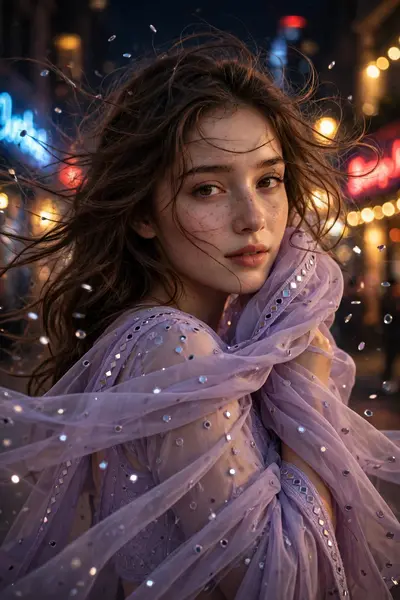 Prompt: Create a portrait cinematic picture in night background. A young woman face . keep face 100% match with uploaded photo. She wear a lavender