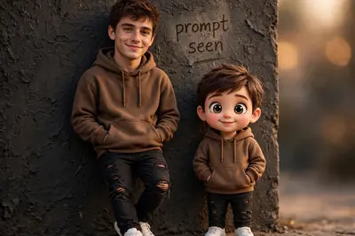 cinematic portrait: young boy as his miniature version. Side by side against textured dark wall, handwritten "prompt seen" text. Both in matching