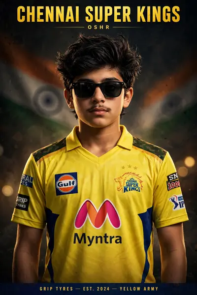 A high-quality sports poster featuring a young boy with quiff-style, tousled mid-length black hair and a light mustachs, wearing rectangular black