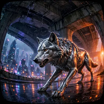 retro-futurist synthwave art style portrait of a chrome wolf prowling the underpass, half-lit by the city's glow. Sodium-orange rim light sculpt the