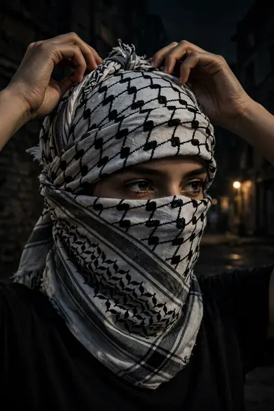A high-contrast, low-light portrait of a young women at night. She is wearing a black t-shirt and a traditional black and white keffiyeh wrapped