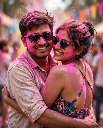 Ultra-realistic DSLR shot of a smiling Indian couple embracing at a Holi festival. Both heavily covered in pink gulal and wearing sunglasses. Man in