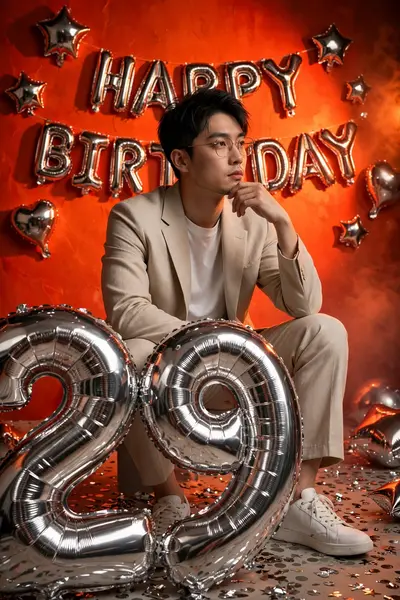 A stylish birthday portrait of a young East Asian man (from uploaded image) in a light beige suit, white t-shirt, white sneakers, and eyeglasses