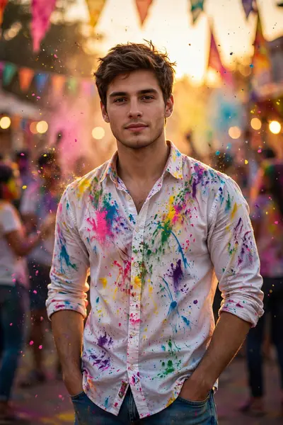 Ultra-realistic cinematic DSLR portrait of a young male (exact face match from reference). Subject standing confidently, both hands casually in