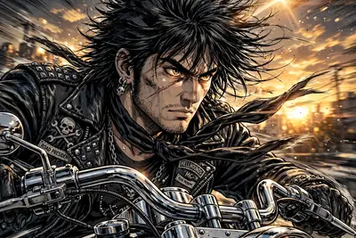 a biker gang leader revving a chrome motorcycle captured in manga-inspired anime style with screentone accents, hair and clothing whipping in the
