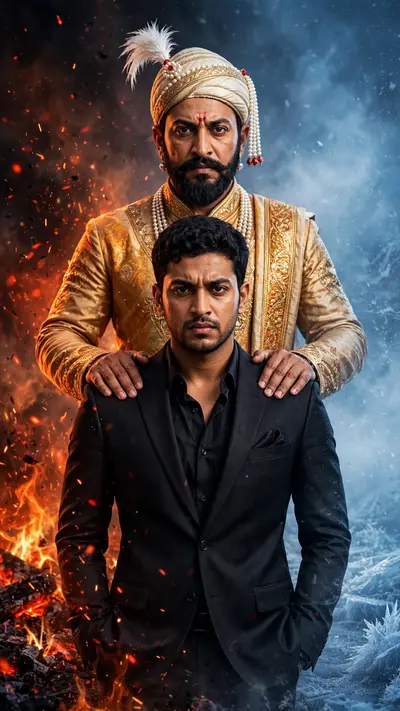Creative cinematic portrait of me in dark suit, collar slightly open. Pose: looking front, right hand in pocket of pant, serious intense expression