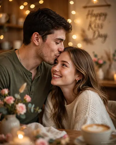 Ultra-realistic romantic Kiss Day (Valentine's Week) couple portrait, intimate cozy indoor café or romantic lifestyle setting with warm golden