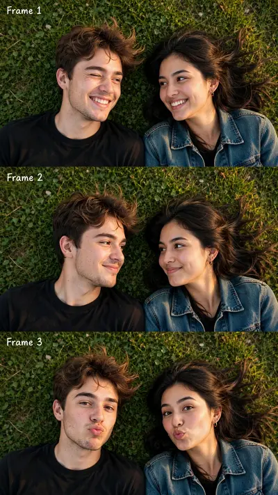 Ultra-realistic selfie photo of a couple with faces 100% identical to the uploaded reference photo, lying side by side on fresh green grass, captured