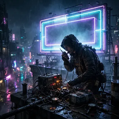 a signal pirate broadcasting from a rooftop in moody dystopian concept art, rain hammering the neon-drenched streets. Electric billboard backlight