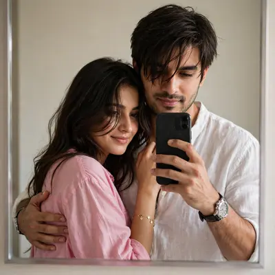 A romantic Indian couple, (use refrence image) Ultra -realistic a selfie portrait of couples in front of plain or softly-lit background. Hold your