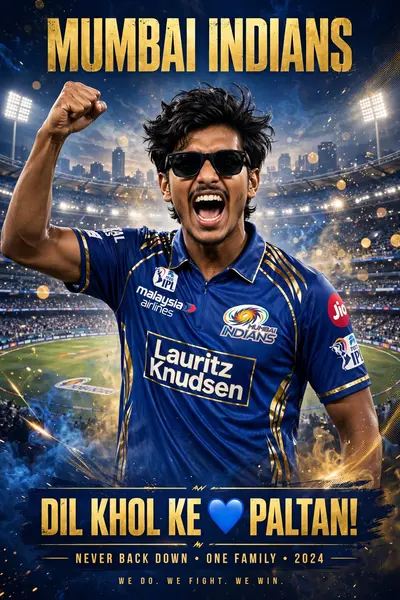 A high-quality sports poster featuring a young South Asian man with quiff-style, tousled mid-length black hair and a light mustache, wearing
