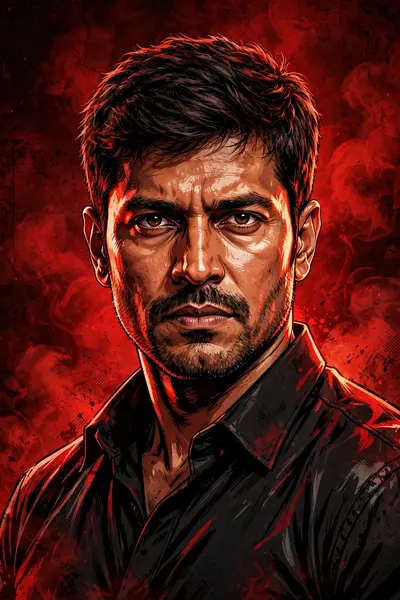 Create a cinematic digital illustration of the person in the reference photo Maintain the exact face identity hairstyle, expression skin tone and