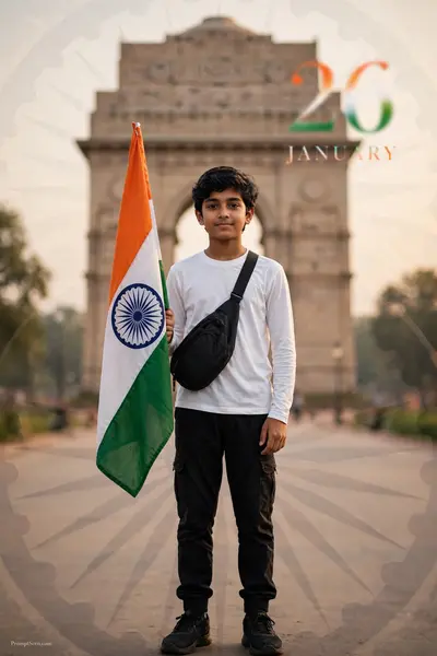 Ultra-realistic minimal patriotic portrait of the uploaded Indian boy standing calmly, holding the Indian tricolor flag vertically. Clean white