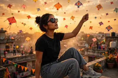 Ultra-realistic cinematic image of a beautiful young Indian woman flying a kite from a rooftop in India. Use the uploaded reference image for the