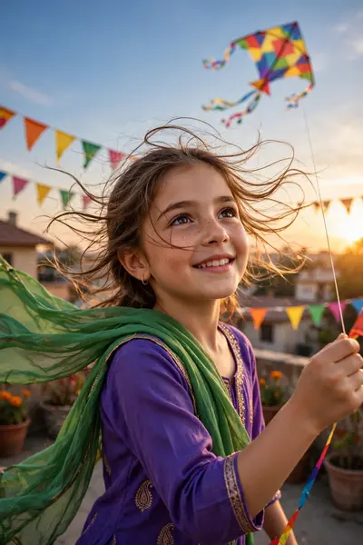 A close, clear, cinematic shot of a young girl flying a colorful kite under a blue sky, a festival-style portrait. Rooftop background, hair blowing