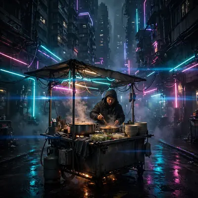 Cinematic frame of a noodle vendor under flickering neon signs, rendered in cinematic cyberpunk realism amid towering megacity blocks. Low-key