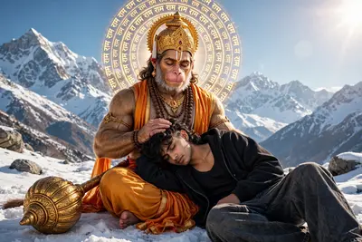 ULTRA-REALISTIC PORTRAIT OF A STYLISH YOUNG MAN [KEEP IT REAL FACE FROM UPLOADED IMAGE] "A HYPER-REALISTIC, CINEMATIC OF LORD HANUMAN MEDITATING IN