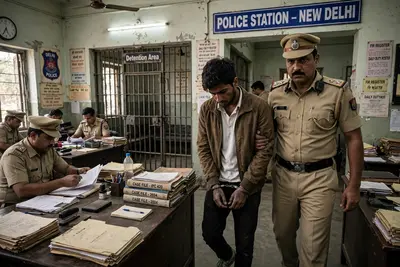 A cinematic, ultra-realistic scene inside an Indian police station in New Delhi. A young man in handcuffs is being escorted by a stern Indian police