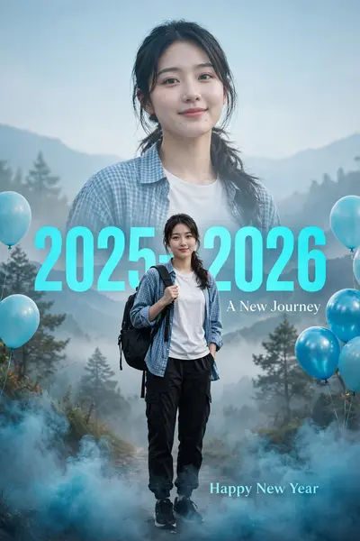 Create an ultra-realistic, cinematic Happy New Year 2026 double-exposure poster using the uploaded selfie as a 100% face reference. Use a hazy