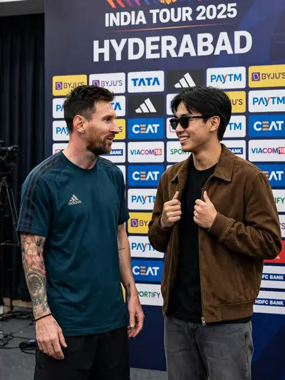 A hyper-realistic, candid press photograph capturing Lionel Messi and the young man from image_10.png together on a stage. On the left, Lionel Messi