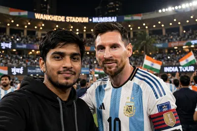 Ultra-cinematic portrait of a fan posing with Lionel Messi at a Mumbai stadium during his India tour. Preserve the fan’s original face perfectly from