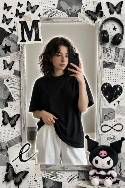 "A young girl with a realistic face taking a mirror selfie, wearing a black loose shirt and white pants, holding the shirt casually with one hand