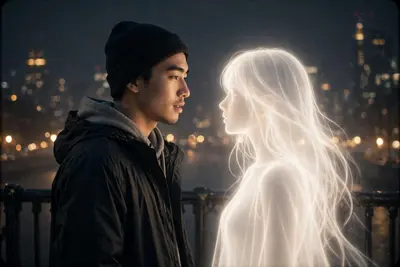 Retro cinematic photograph of a young man (uploaded image) standing on a bridge at night, facing and softly talking to showcasing a stark contrast