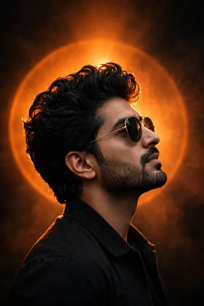 Ultra-realistic cinematic portrait of uploaded man in profile view, wearing a plain black jacket and aviator sunglasses. He has thick, voluminous