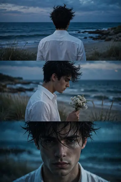 A split image showing three panels. The subject is a young, attractive man from reference photo with dark, messy hair, wearing a white button-down