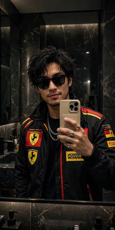 Create a hyper-realistic mirror selfie of me (use uploaded face) tousled black hair, wearing black sunglasses, wearing the same black Ferrari racing
