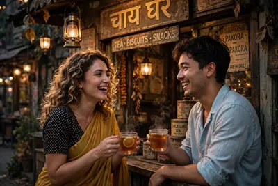 New couple Photo prompts is hereAn intimate editorial-style shot of a couple outside a vintage tea shop with old signboards and dim lantern lights