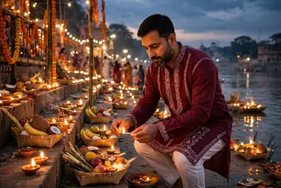 Create an image of chhath Puja celebration a festival of bihar. this picture is of evening and use the image provided of the man is lighting theghats