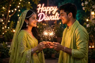 Upload this image one or two" face matching 100%. quality is . ' Young Indian man and woman in lime-green lehenga and dupatta, hands lingering for a