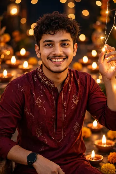Ultra-realistic DSLR festive portrait of the same young man (face must remain 100% identical to the reference without changes). He is dressed in a