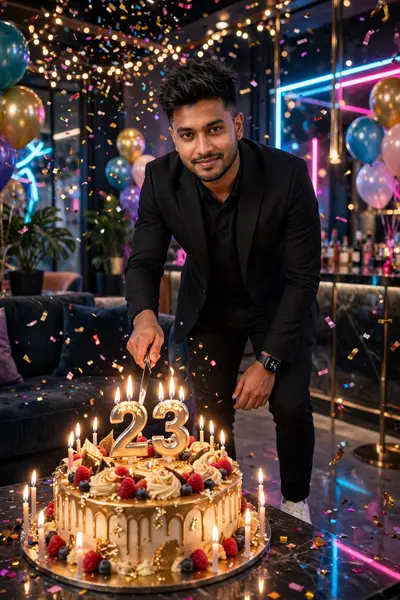 Ultra-realistic cinematic full-body portrait of a 23-year-old Bangladeshi man standing confidently in a modern, stylish lounge, leaning slightly