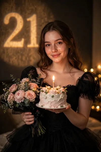 This is me please convert this image into a portrait of a young woman on her 21st birthday, holding a birthday cake with a lit candle. She's dressed