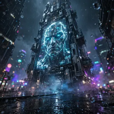 a rogue AI projected on a tower screen rendered in sci-fi concept art, chrome glinting under the downpour. Volumetric neon haze set a mysterious and