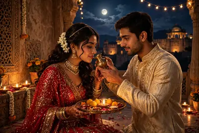 A high-quality, cinematic shot of a young, stylish Indian couple celebrating Karwa Chauth on a luxurious, royal-looking terrace at night. The woman