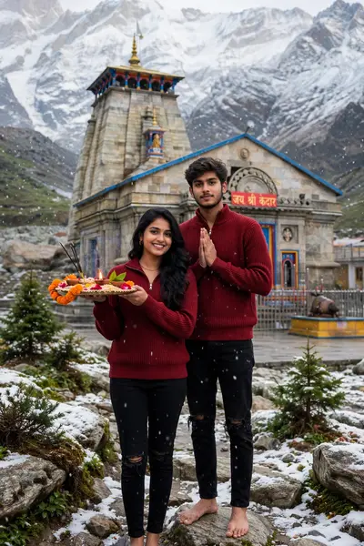 Ultra-realistic, high-fashion full-body portrait of a stylish young man standing barefoot outdoors in front of Kedarnath Mandir, with hands folded in