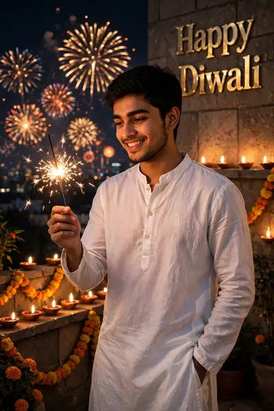 Ultra realistic cinematic portrait of the same young man, face exactly like the reference photo. He is standing on a terrace at Diwali night, wearing