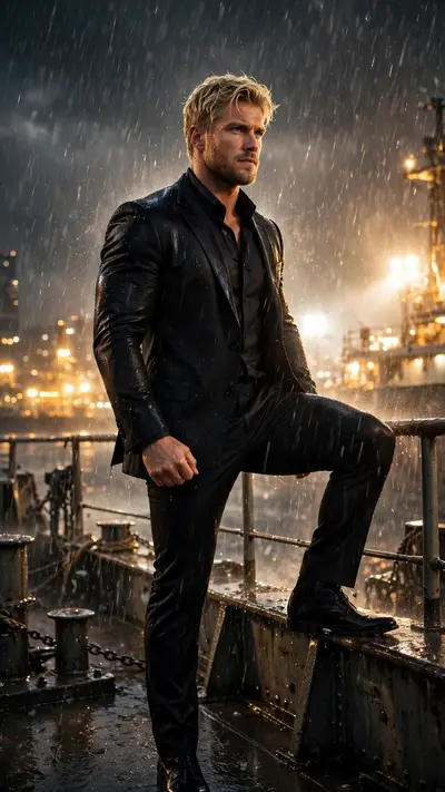 A cinematic portrait of a strong, Muscular highted man (face and hairstyle reference as uploaded photo) standing powerfully on a metal ship deck in