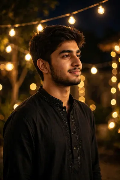 Use the uploaded reference image as the main base."Ultra-realistic cinematic portrait of a young man standing near glowing string lights at night