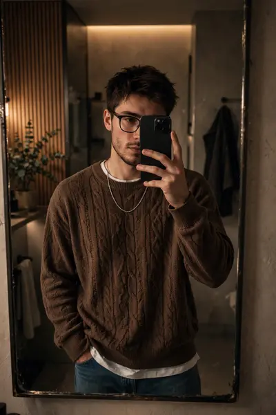 Ultra-realistic mirror selfie of a stylish man 22 years oldwith glasses. He is wearing a loose brown sweater layered over a crisp white T-shirt