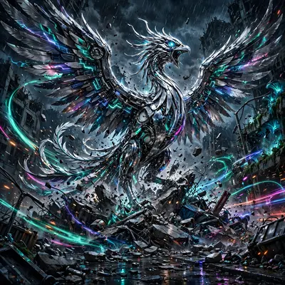 High-octane dark tech-noir illustration artwork of a chrome phoenix bursting from wreckage, motion frozen amid the storm. Bioluminescent accent